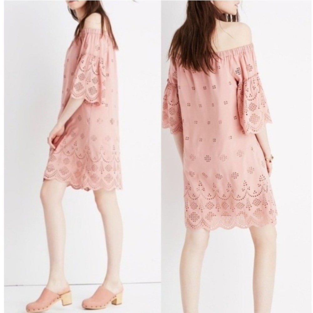 Madewell Eyelet Embroidered Off-the-Shoulder Mini Shift Dress Dusty Pink Size 8
